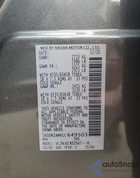 2020 Nissan Pathfinder S z USA, uszkodzony, nr VIN 5N1DR2AMXLC649503